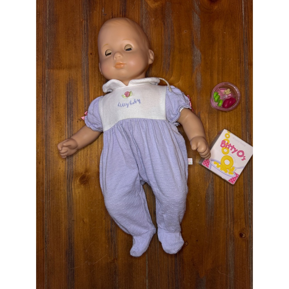 American Girl Bitty Baby Doll Blue Eyes lavender Sleeper & food items